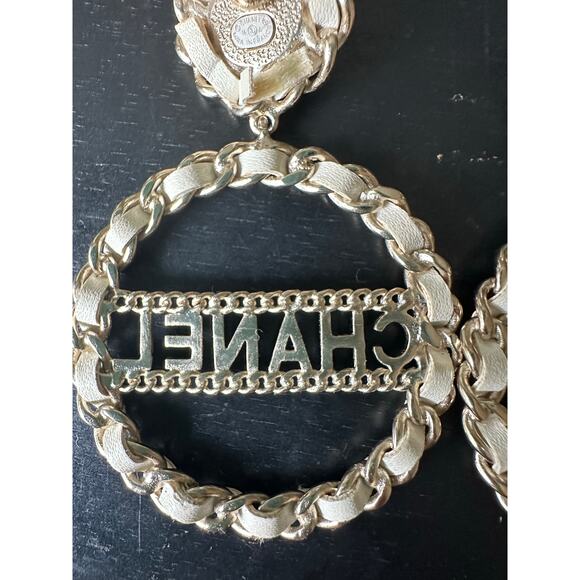 Chanel Black Leather Chain Detail Gold Tone Hoop Earrings - Picture 5 of 12